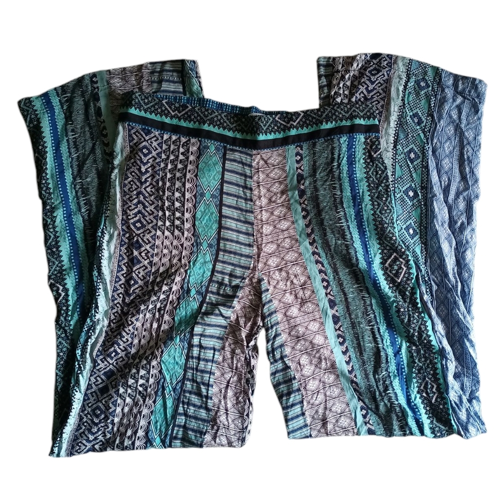Pull & Bear Boho Mixed Print Blue Wide Leg Palazzo Pants M